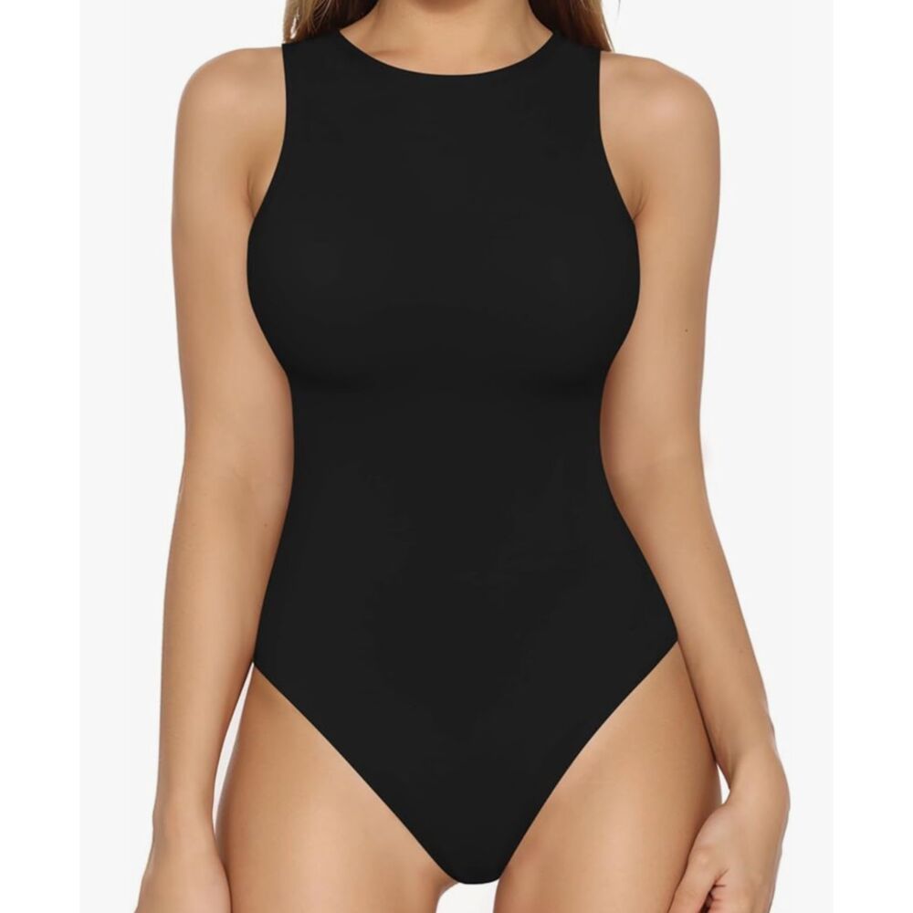 MANGOPOP Women's Sexy Crew Neck Body Suit Black Sleeveless Bodysuit Snaps Size S